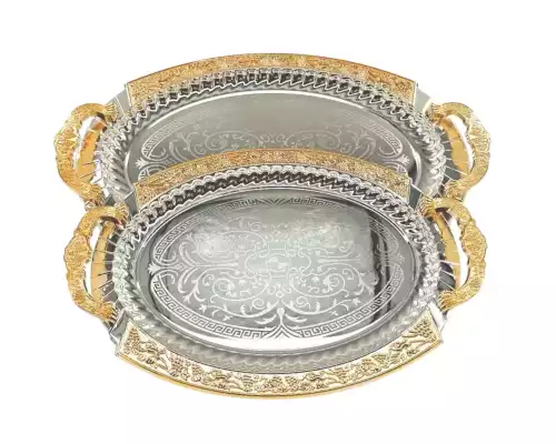 Поднос сервировочный овальный 2239, золотисто-серебристый, набор 2 шт